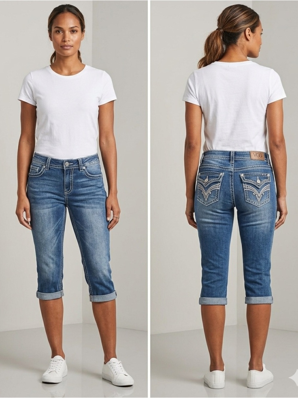 Women's Cropped Stretch Jeans in Mid Blue